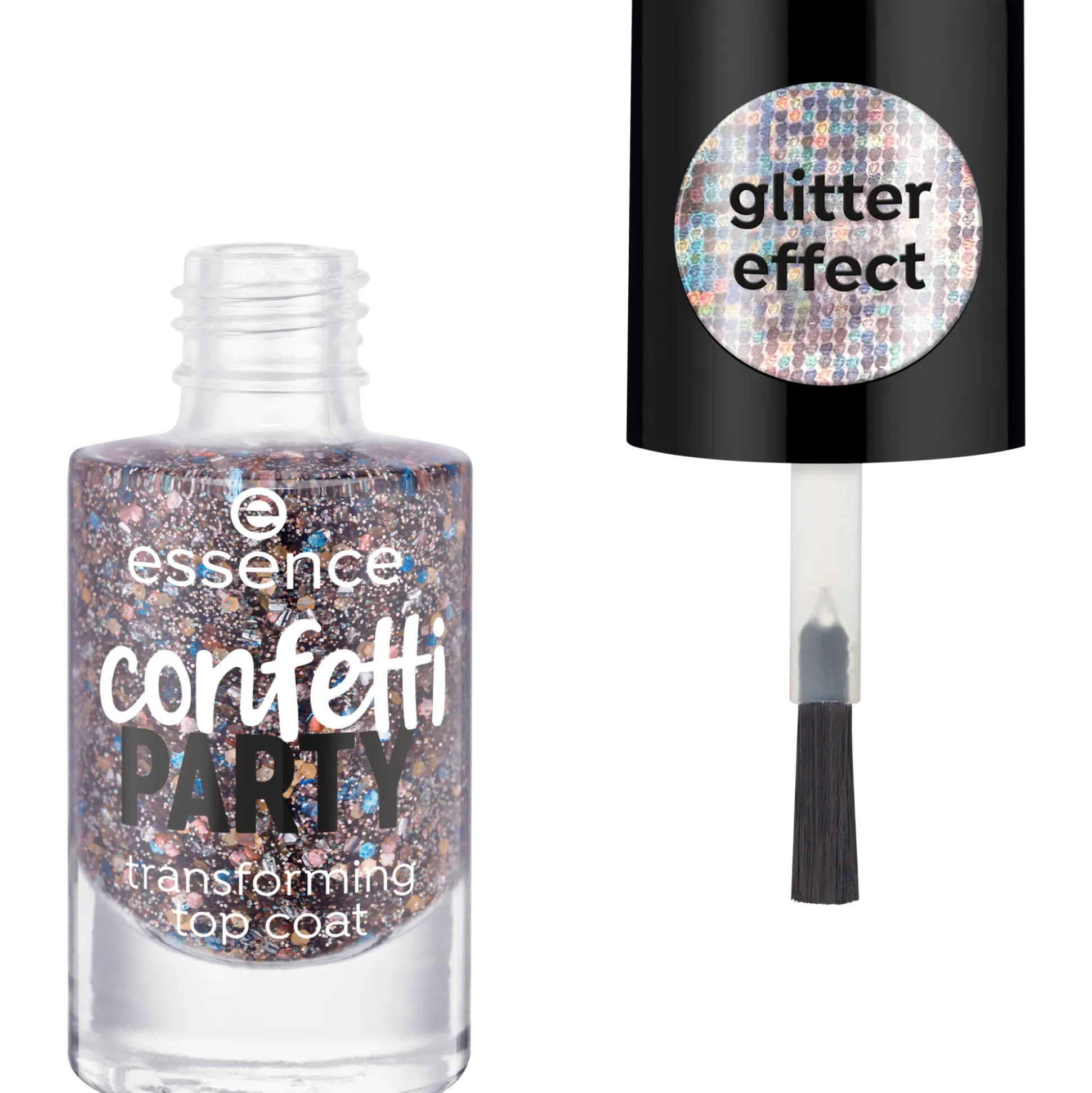 essence Über- Und Unterlack>confetti PARTY transforming top coat