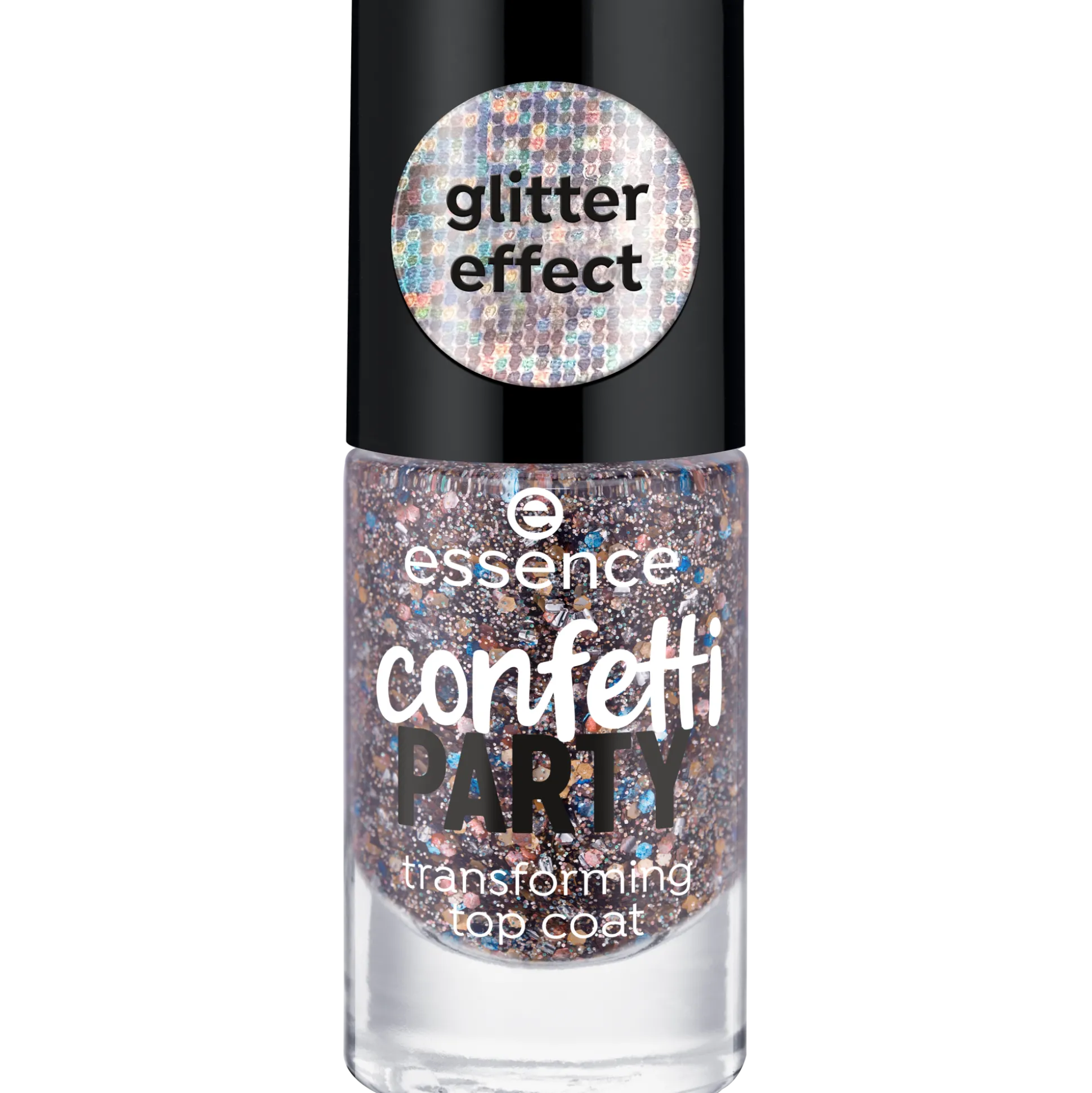 essence Über- Und Unterlack>confetti PARTY transforming top coat